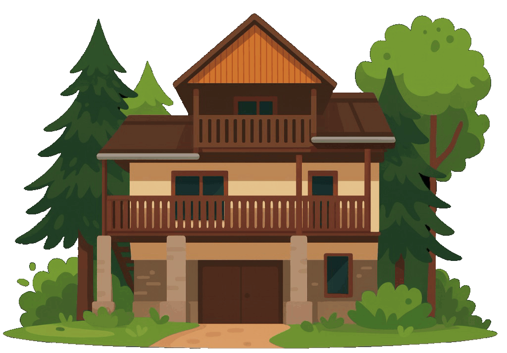 Illustration of Casa Daniela: a two-storey wooden house with carved balconies and a steep roof, standing on stone piers among fir trees.